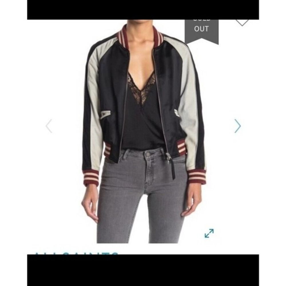 NWT‎ ALLSAINTS Atley Satin & Suede Bomber Jacket, BLACK/RUST RED, XS, MSRP$560